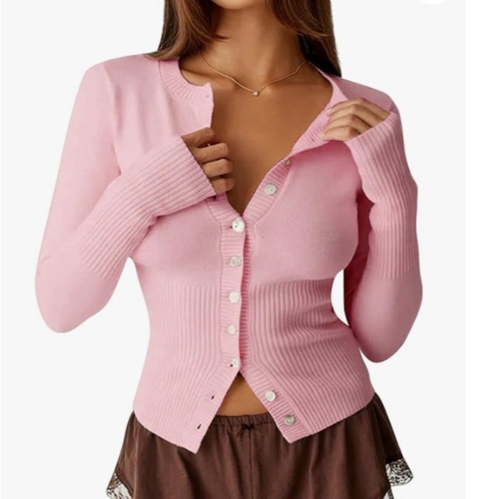Pink Open Front Button Up Cropped Ribbed Knit Cardigan - Picture 4 of 4